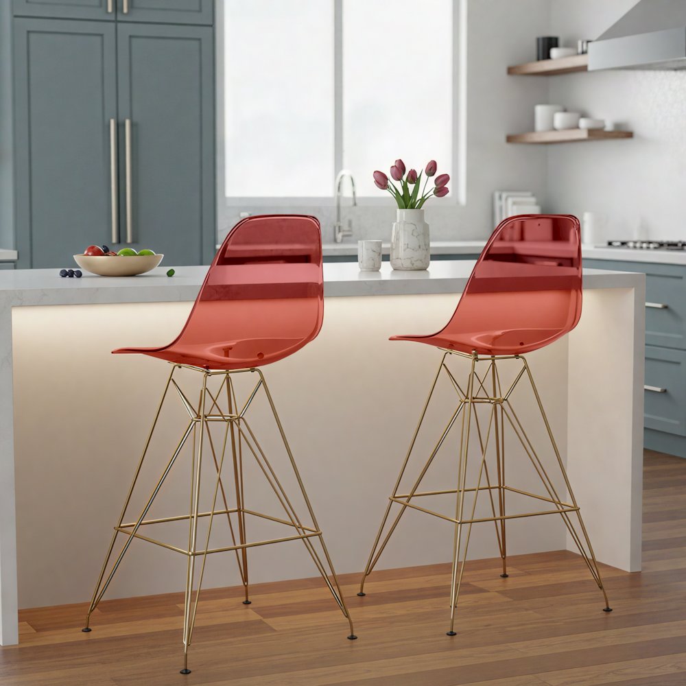 Cresco Counter Height Chair With Eiffel Gold Base In Transparent Red. Picture 1