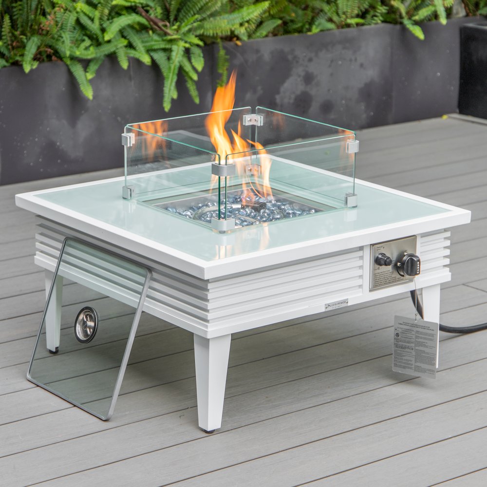 Walbrooke Patio Square Fire Pit and Tank Holder with Slats Design in White. Picture 5