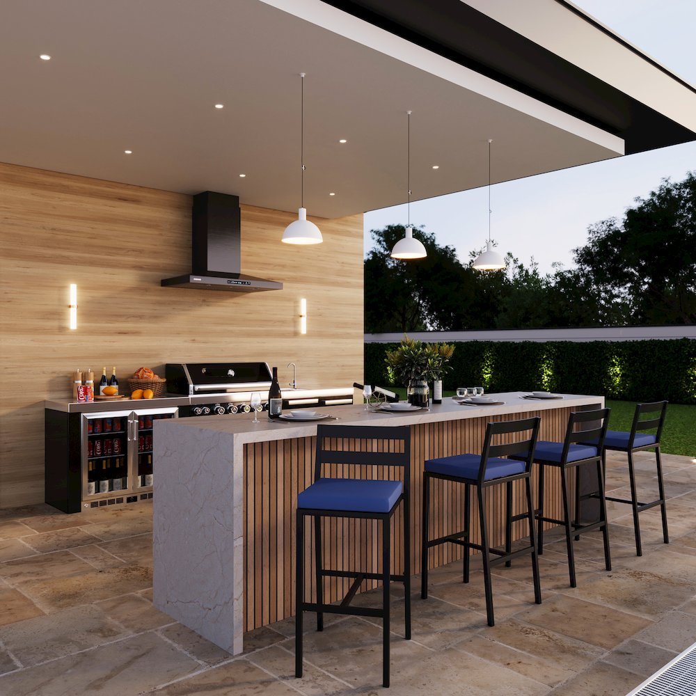 Chelsea Collection Modern Aluminum Outdoor Bar Chair in black with Blue Cushions. Picture 8