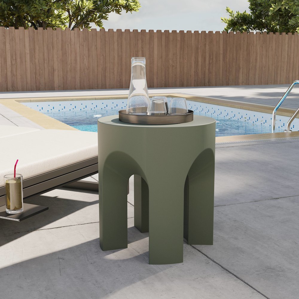 Crus Collection Fiberglass Outdoor Side Table in Grey. Picture 5
