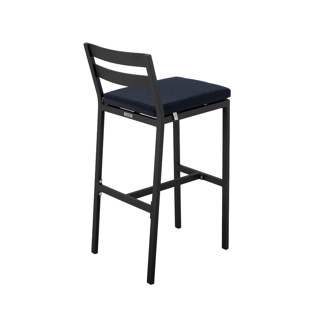 Chelsea Collection Modern Aluminum Outdoor Bar Chair in black with Blue Cushions. Picture 26