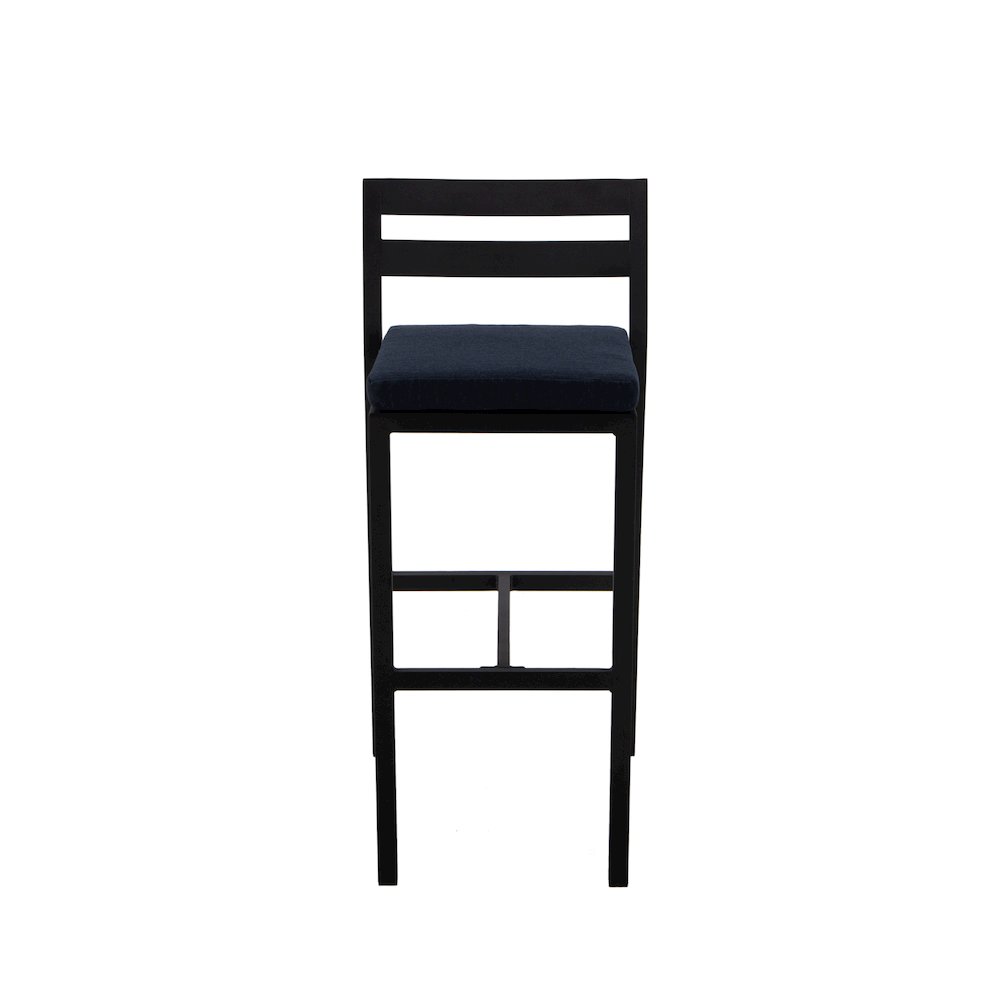 Chelsea Collection Modern Aluminum Outdoor Bar Chair in black with Blue Cushions. Picture 24