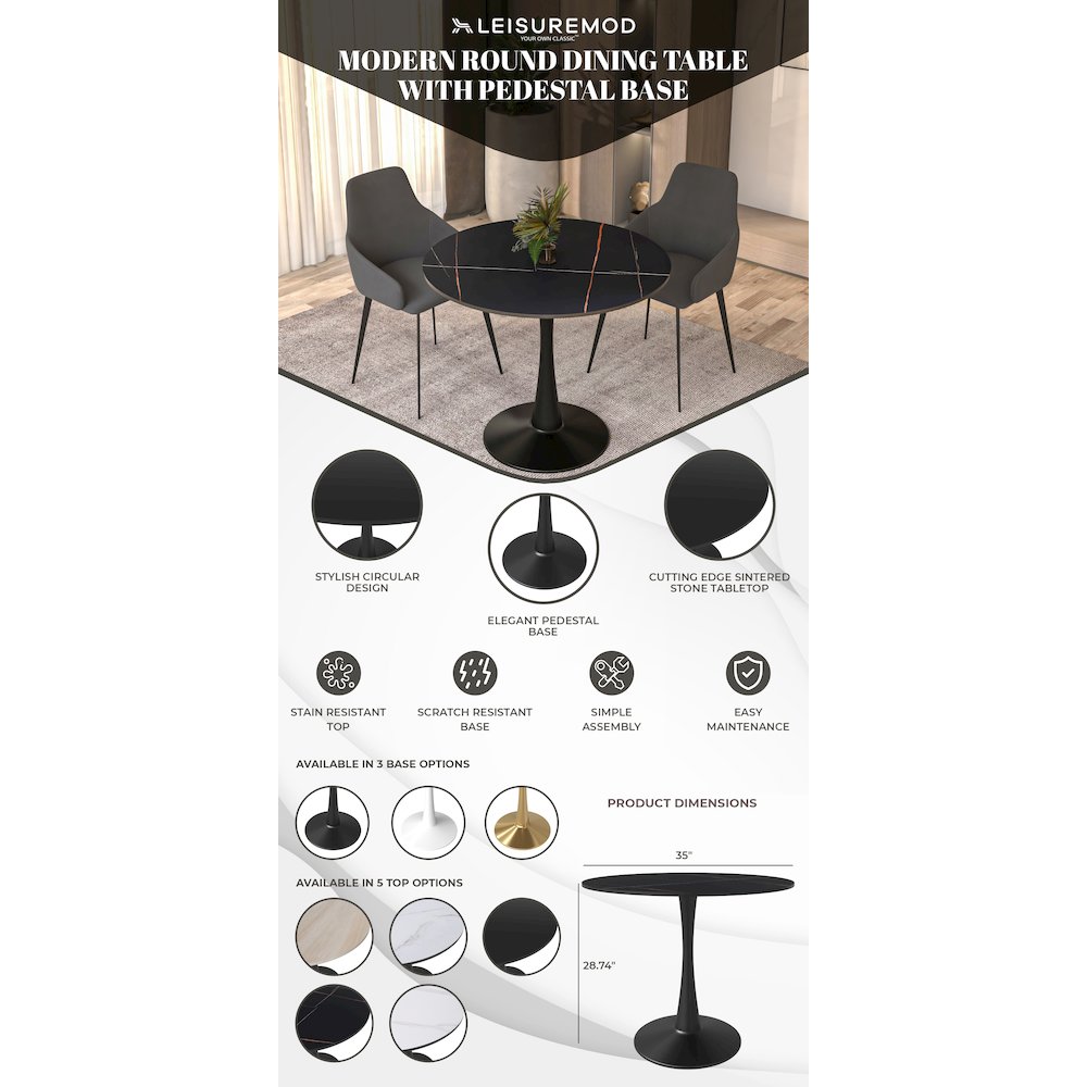 Bristol 35" round dining table Black base with Black Sintered stone Top. Picture 8