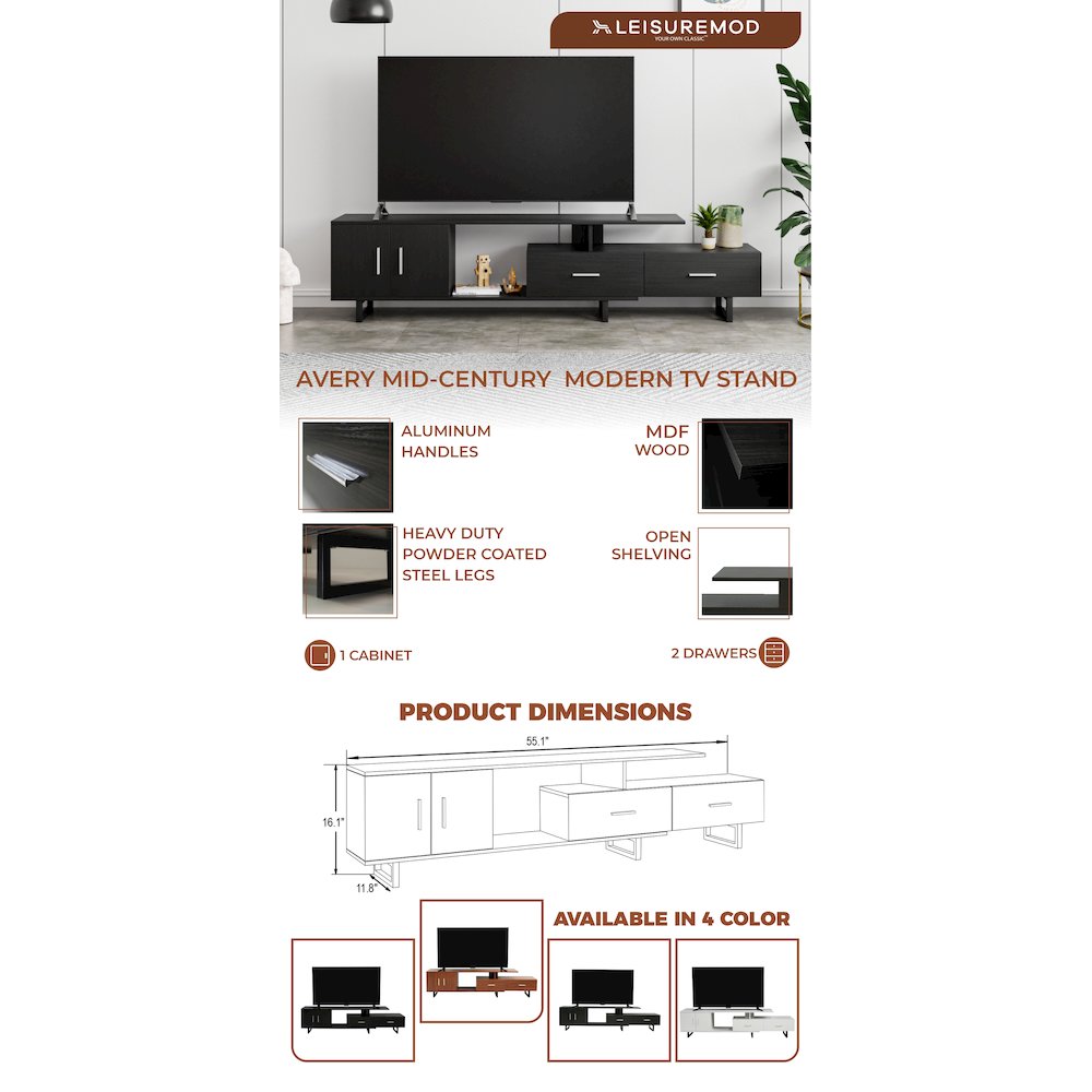 Avery Mid-Century Modern TV Stand with MDF Cabinet and Powder Coated Steel Legs. Picture 1