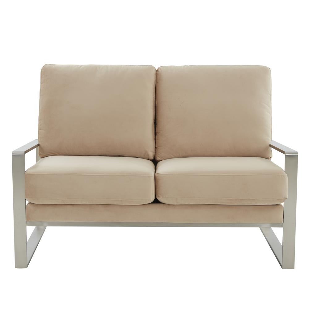 Leisuremod Jefferson Contemporary Modern Velvet Loveseat With Silver Frame, Beige. Picture 6