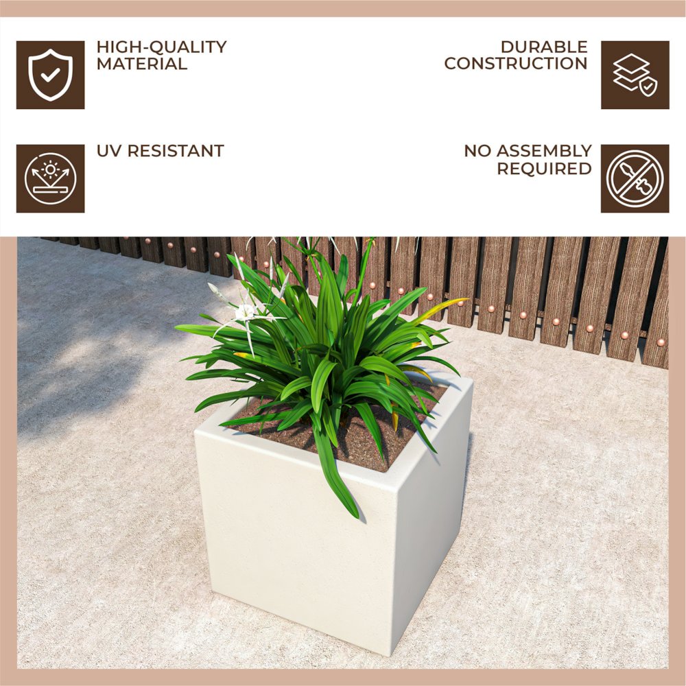 Fern Series Poly Stone Planter 15" Cube in White. Picture 9