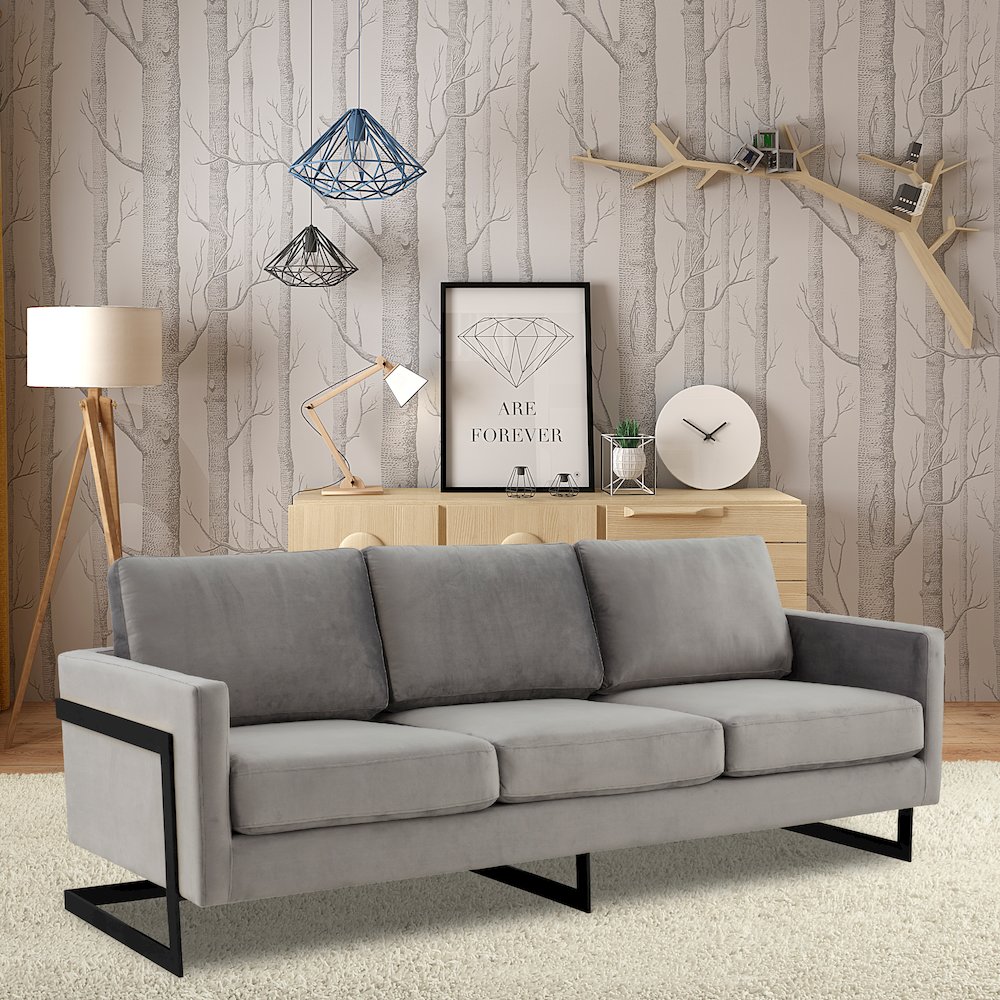 Lincoln Light Grey Velvet Sofa With Black Frame. Picture 9