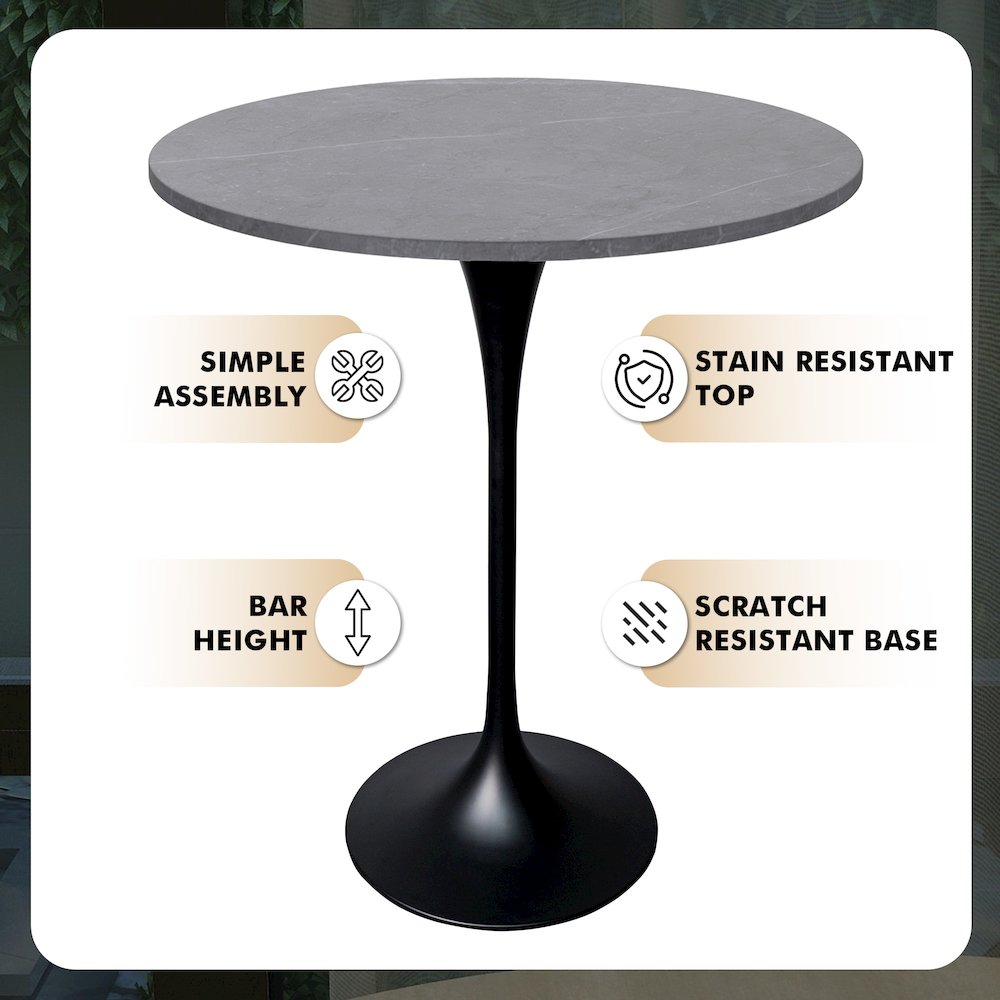 Bar Height Table Black Base with 27" Round Marble Grey Sintered Stone Top. Picture 5