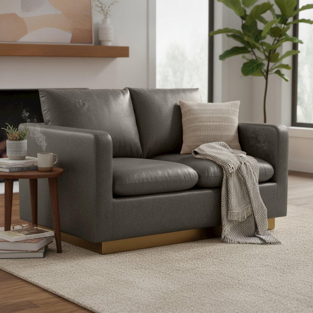 Nervo Modern Mid-Century Upholstered Leather Loveseat with Gold Frame. Picture 17