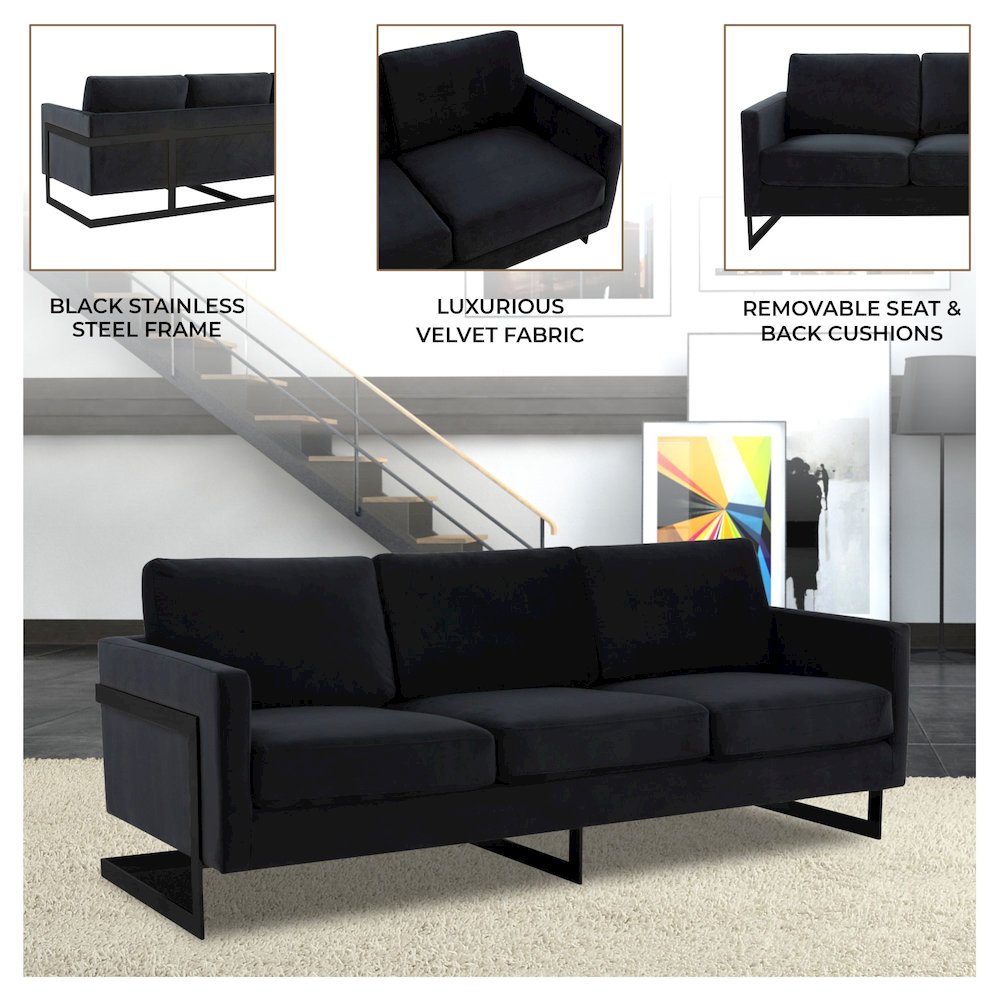 Lincoln Black Velvet Sofa With Black Frame. Picture 2
