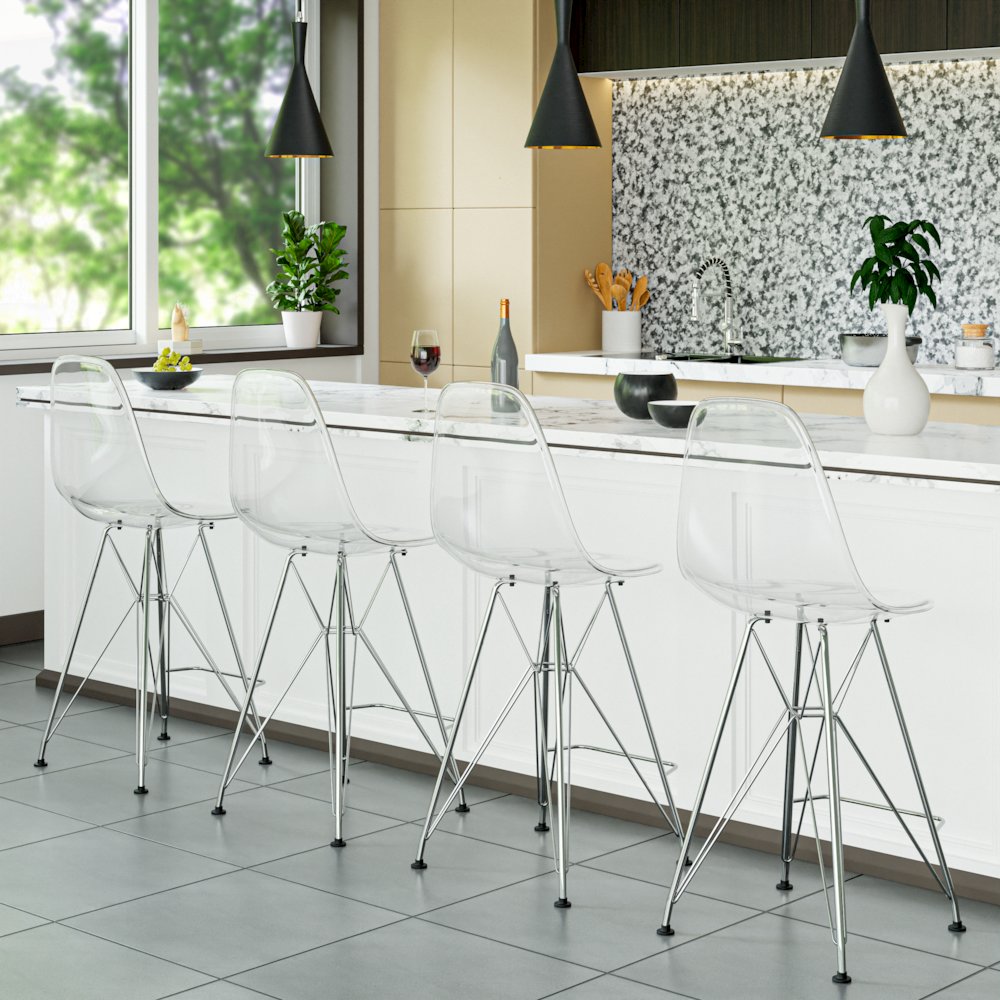 Cresco Modern Acrylic Barstool with Chrome Base and Footrest in Clear. Picture 14