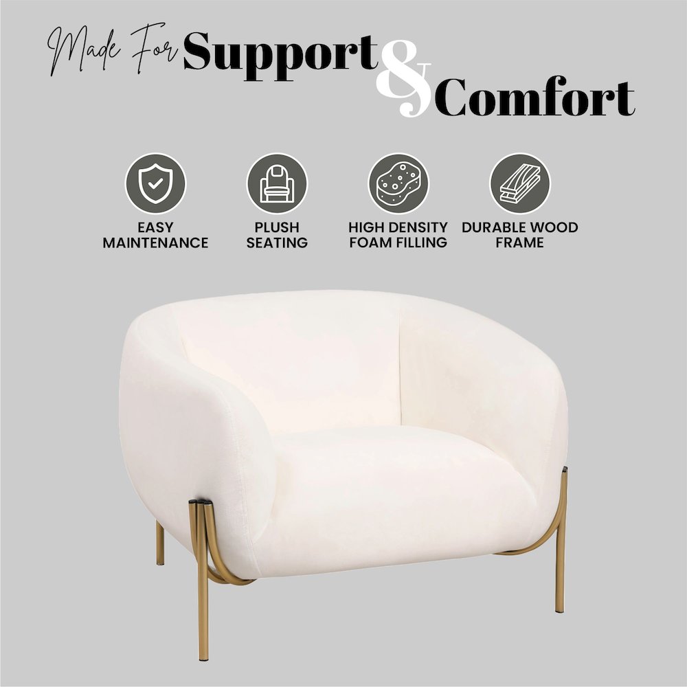 Zuno Collection Modern Single Seater Sofa in White Velvet. Picture 3
