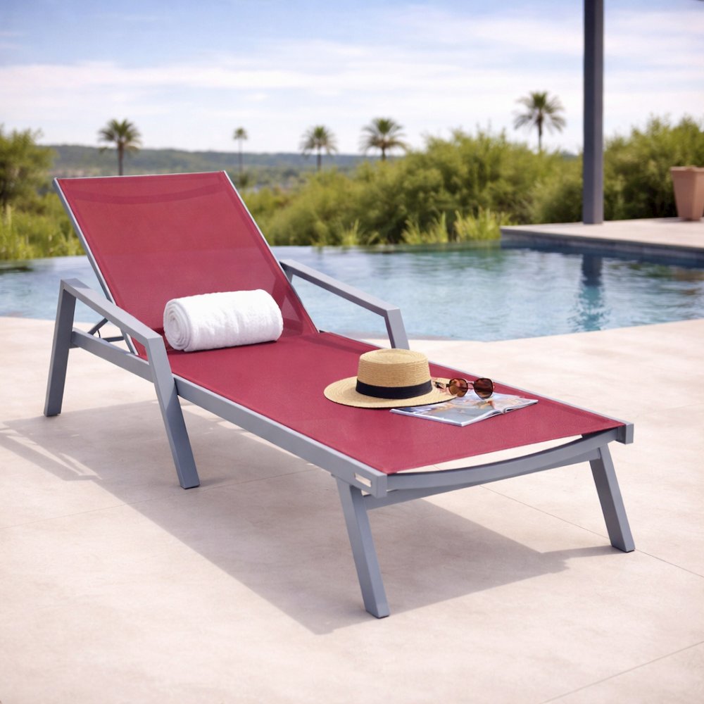 Marlin Patio Chaise Lounge Chair With Armrests in Grey Aluminum Frame. Picture 17