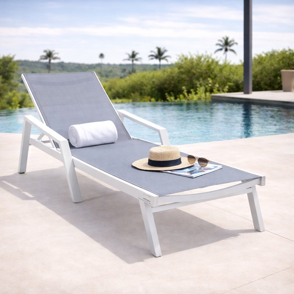 Marlin Patio Chaise Lounge Chair With Armrests in White Aluminum Frame. Picture 17