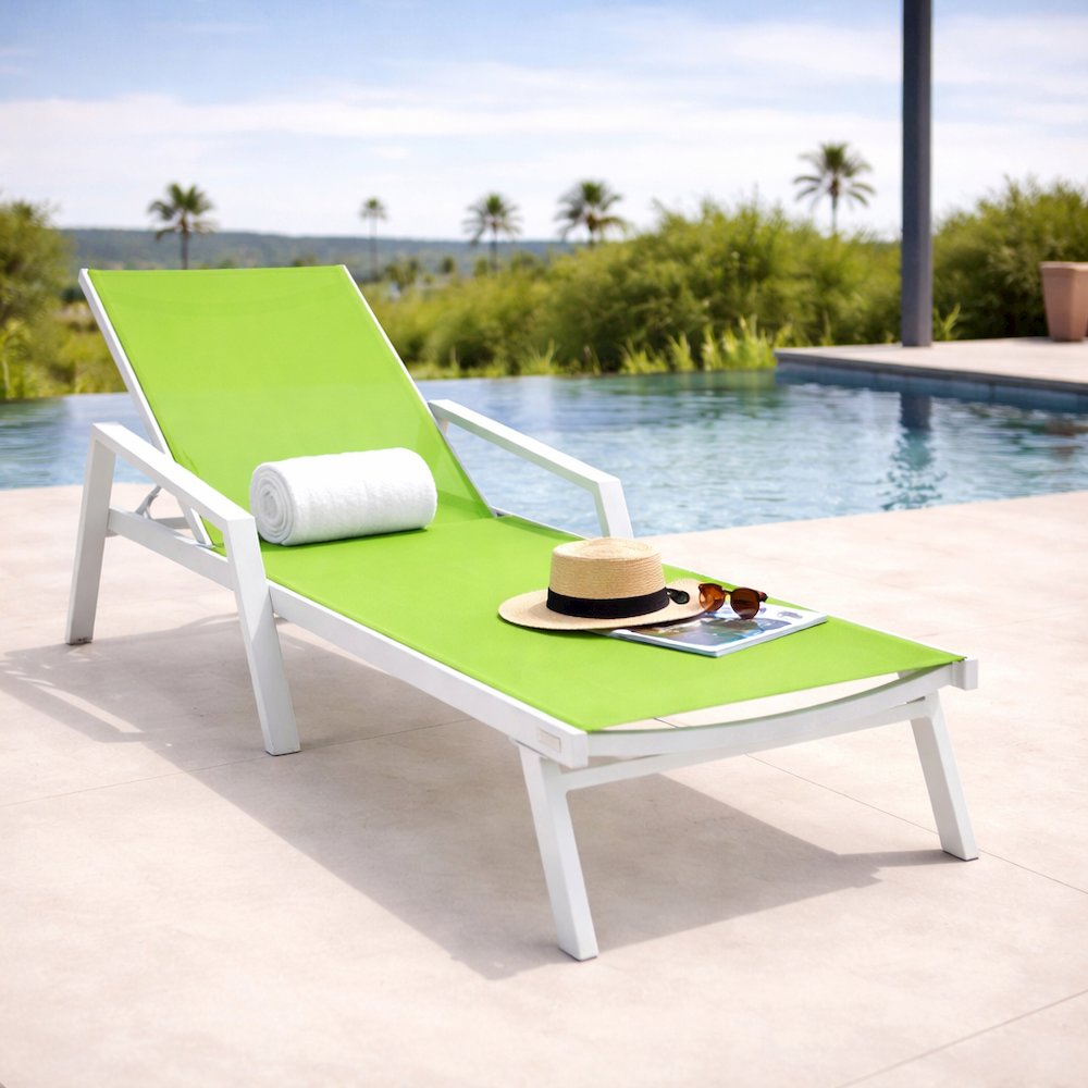 Marlin Patio Chaise Lounge Chair With Armrests in White Aluminum Frame. Picture 17