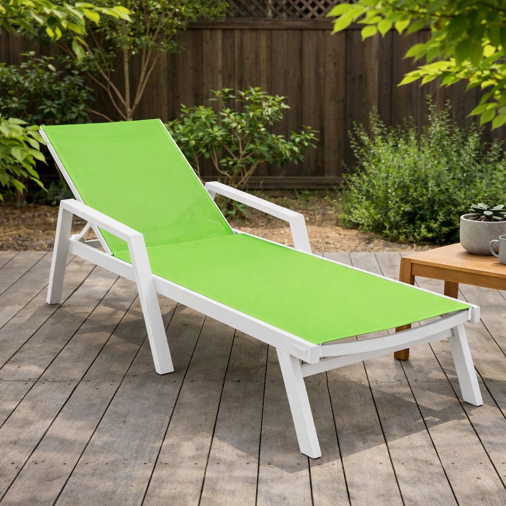 Marlin Patio Chaise Lounge Chair With Armrests in White Aluminum Frame. Picture 18