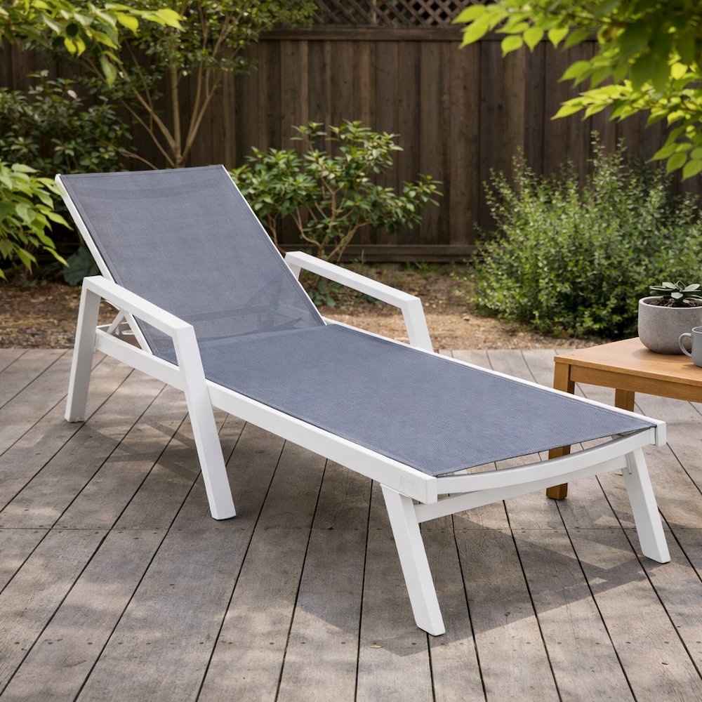 Marlin Patio Chaise Lounge Chair With Armrests in White Aluminum Frame. Picture 18