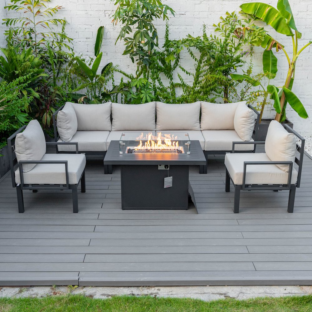 Chelsea 7-Piece Patio Sectional And Fire Pit Table Black Aluminum With Cushions. Picture 66