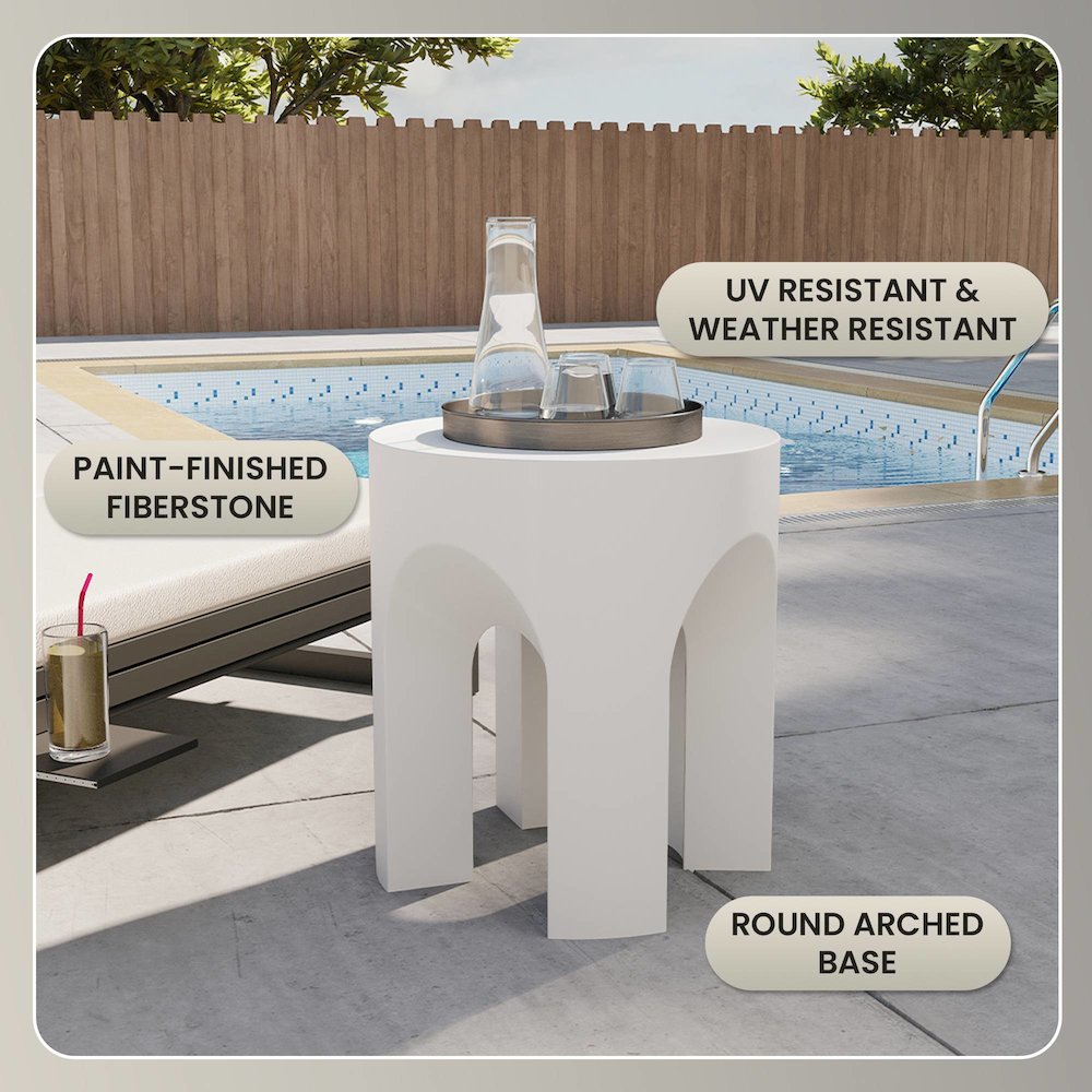 Crus Collection Fiberglass Outdoor Side Table in White. Picture 21
