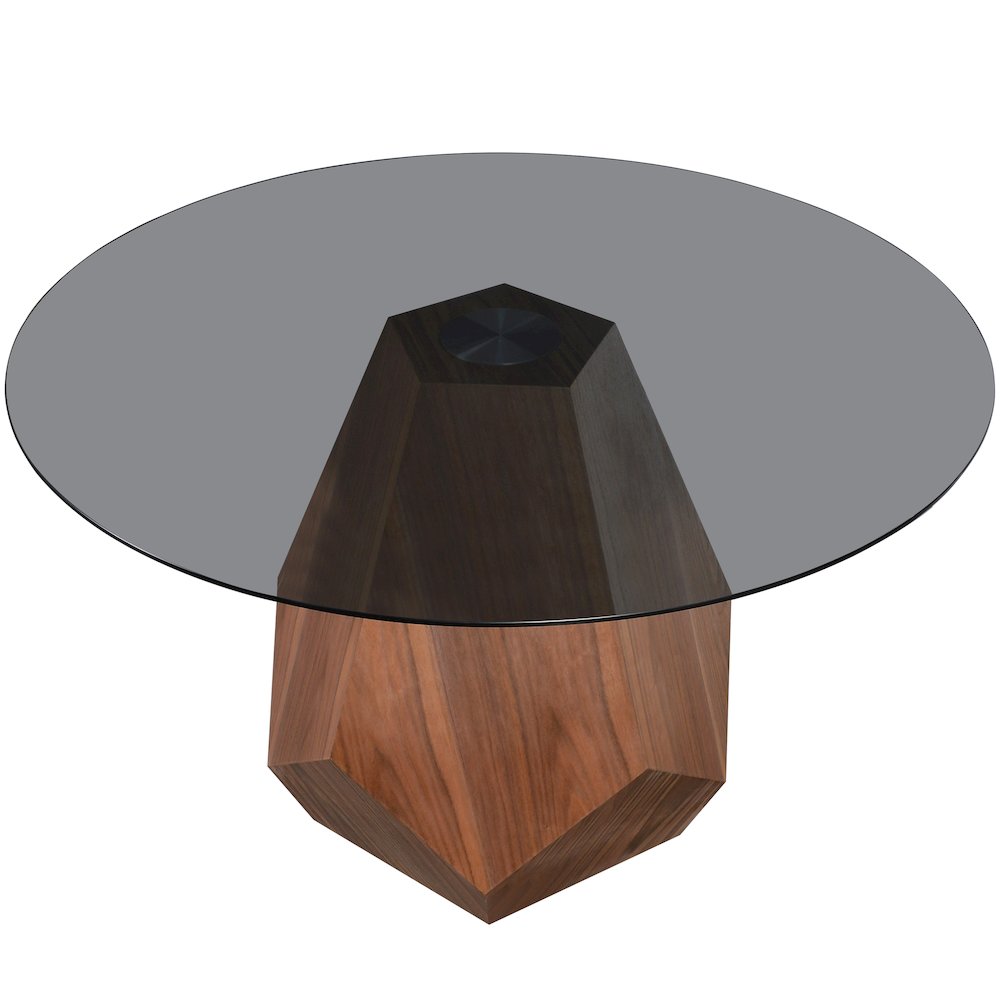 Nebo Modern Dining Table in Walnut Base with BLack Glass Top. Picture 1