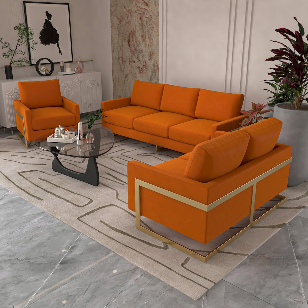 Lincoln Modern Mid-Century Upholstered Velvet Sofa with Gold Frame. Picture 3