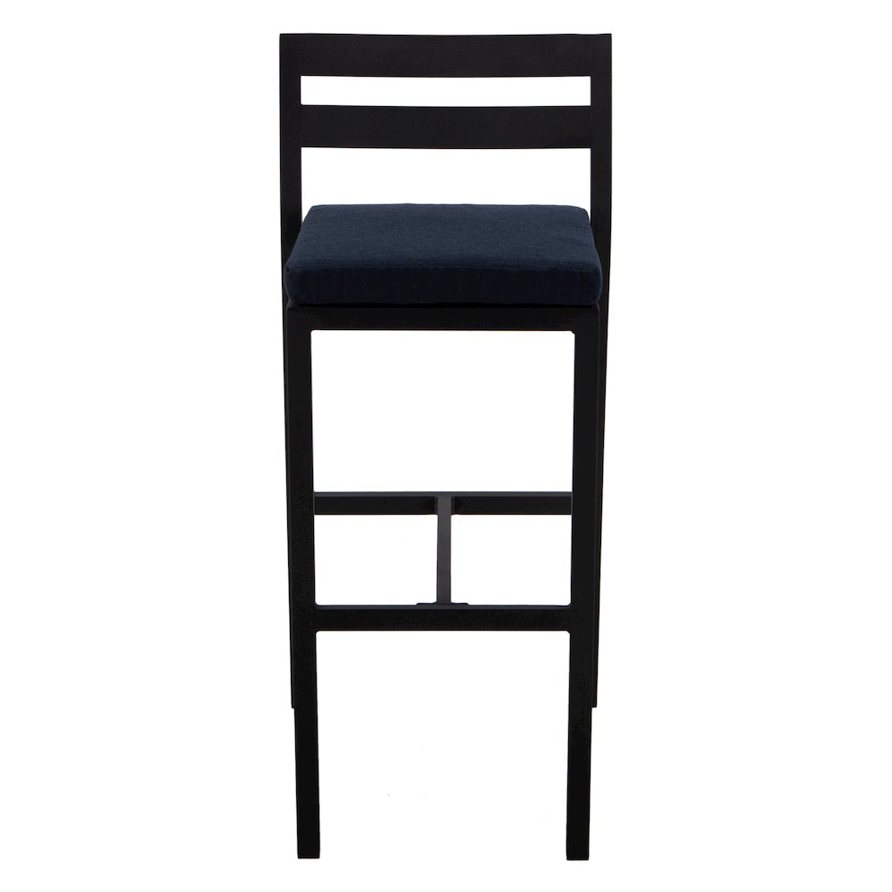 Chelsea Collection Modern Aluminum Outdoor Bar Chair in black with Blue Cushions. Picture 6