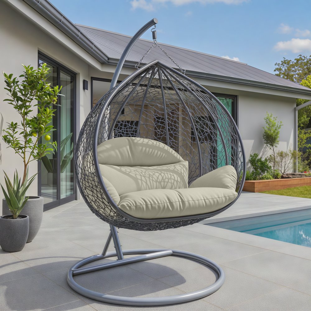 Recluse Collection Modern Outdoor Swing Chair Grey Frame with ES57 Taupe Cushion. Picture 13