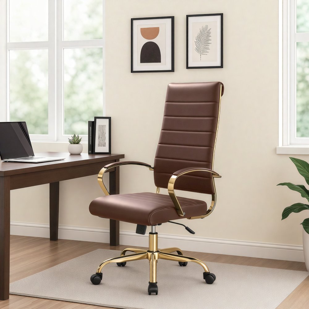 Benmar High-Back Leather Office Chair With Gold Frame. Picture 14