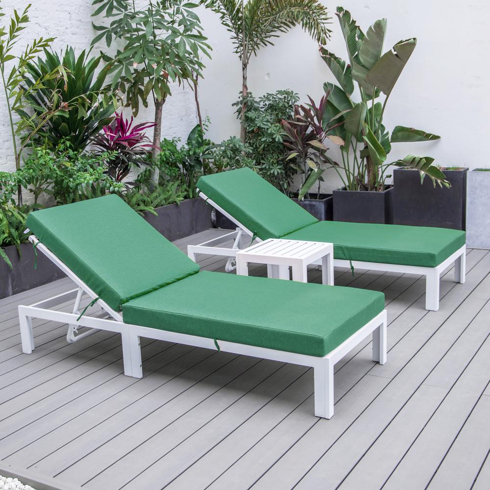 Outdoor White Chaise Lounge Chair Set of 2 With Side Table & Cushions. Picture 3