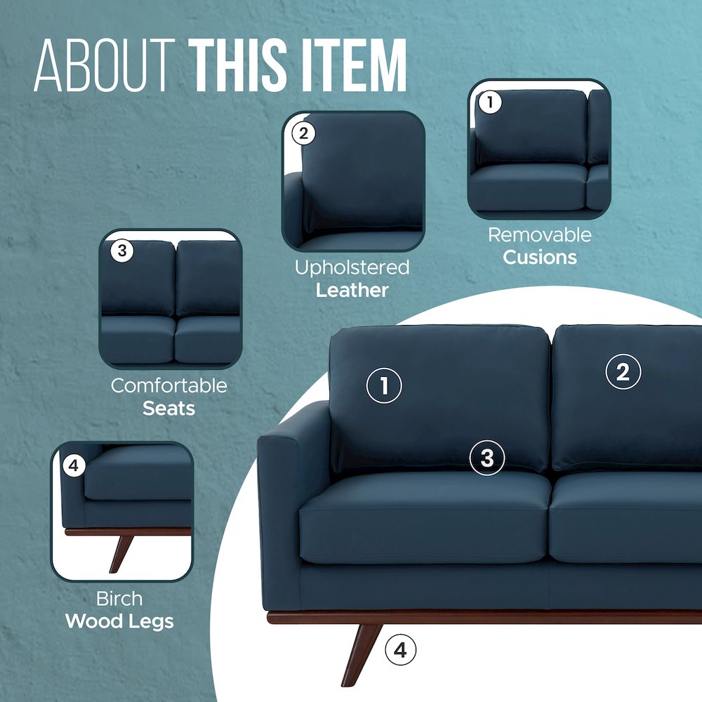 Chester Modern Leather Loveseat With Birch Wood Base. Picture 6