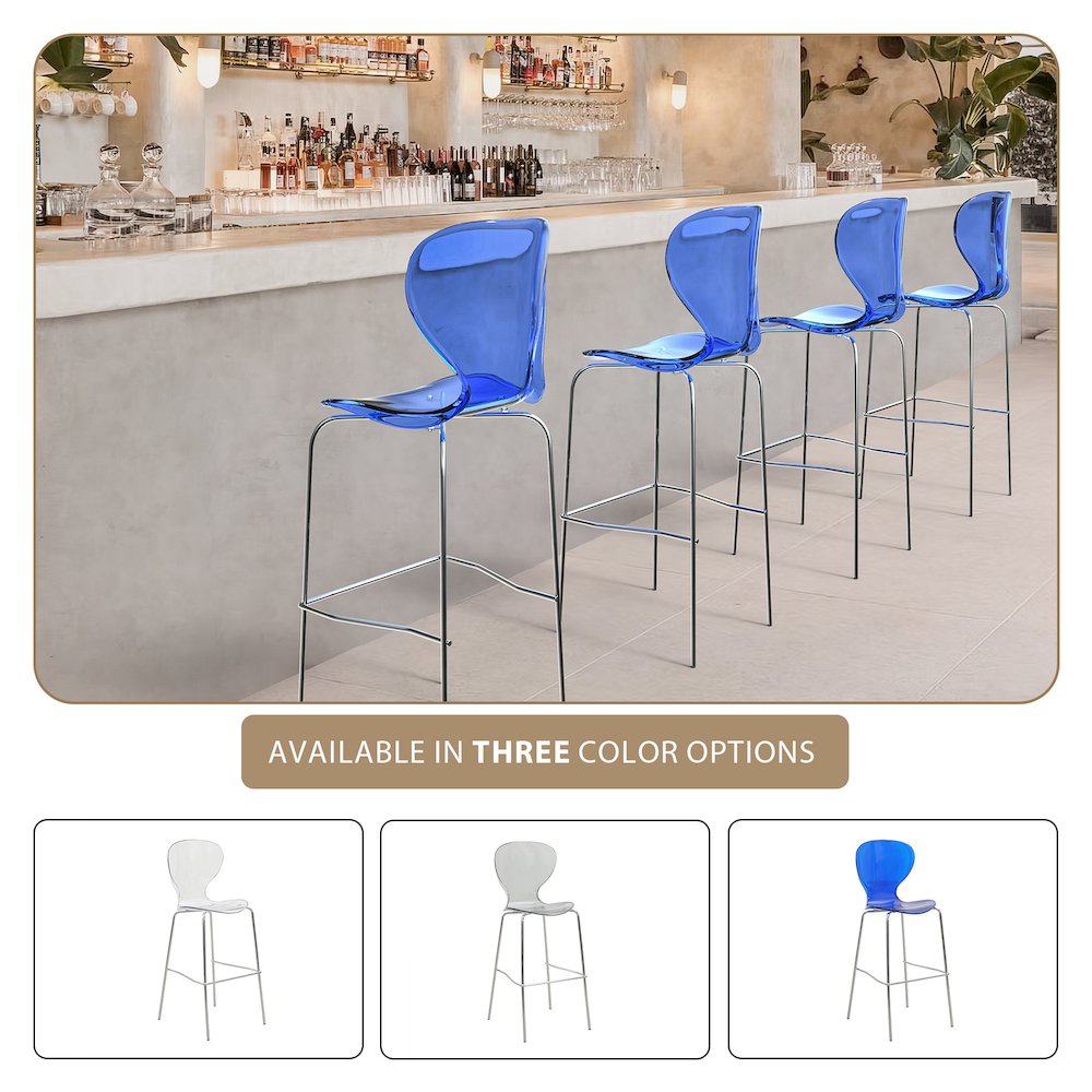 Oyster Acrylic Barstool with Steel Frame in Chrome Finish in Transparent Blue. Picture 17