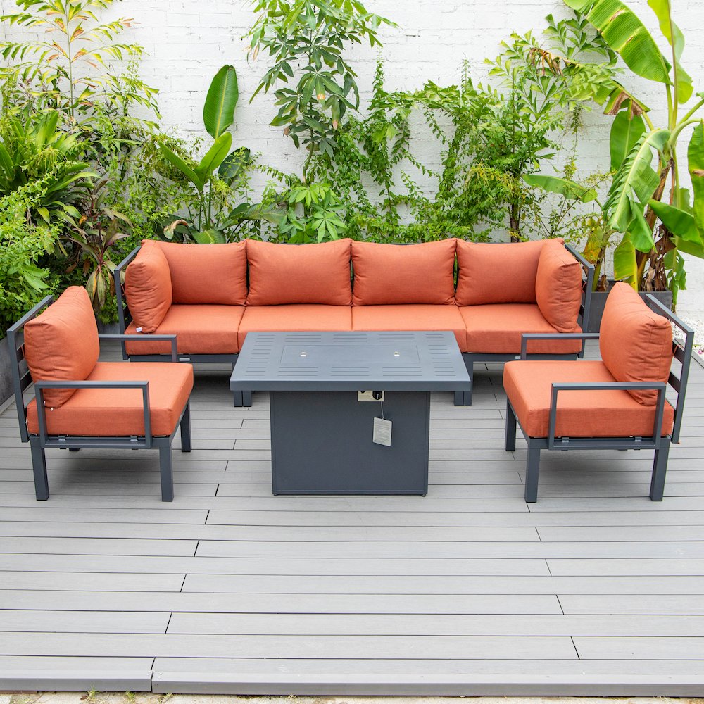 Chelsea 7-Piece Patio Sectional And Fire Pit Table Black Aluminum With Cushions. Picture 29