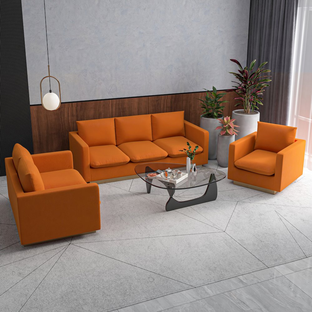 Nervo Velvet 3-Piece Living Room Sofa Set With Gold Frame Orange Marmalade. Picture 7