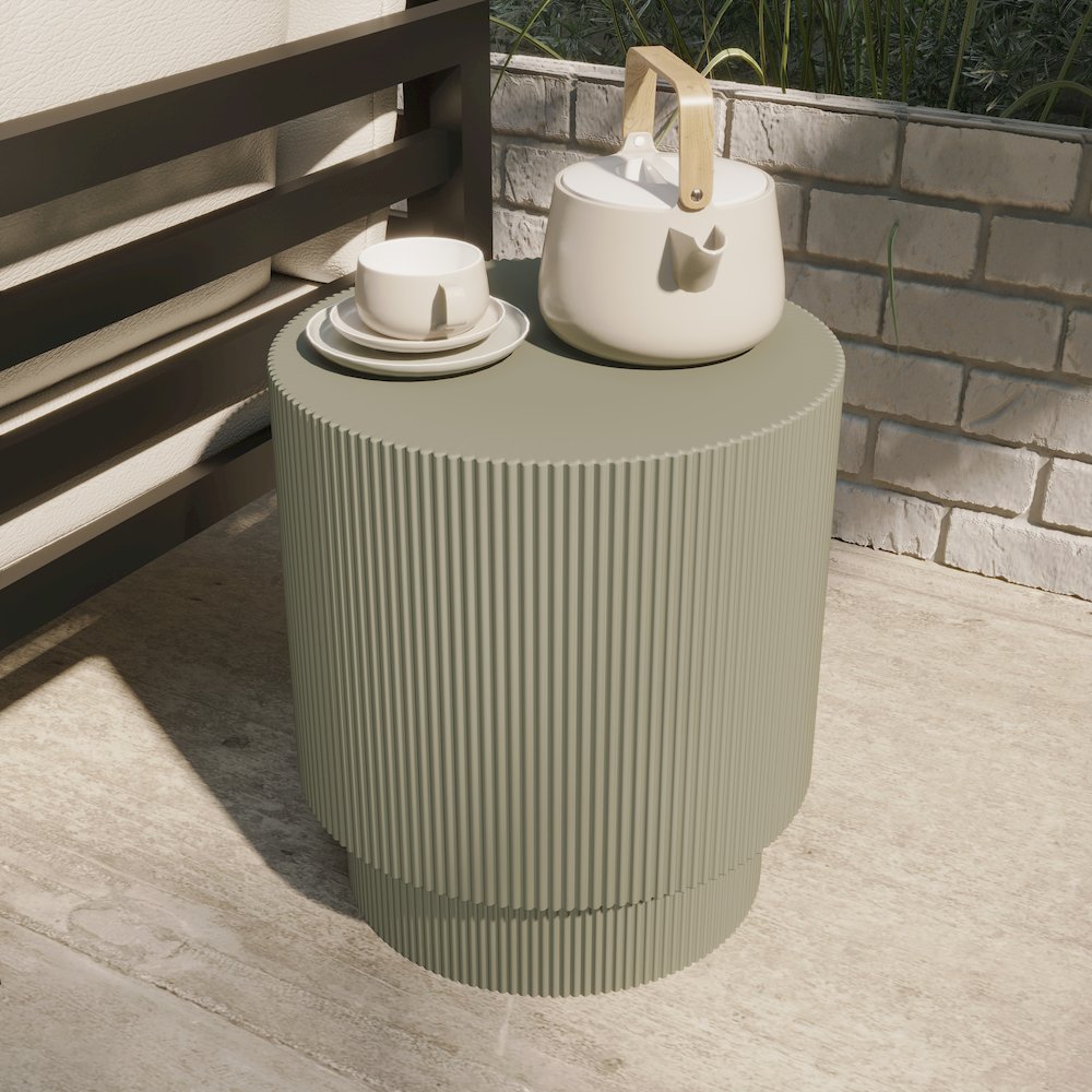 Eden Collection Fiberglass Outdoor Side Table in Olive Green. Picture 9