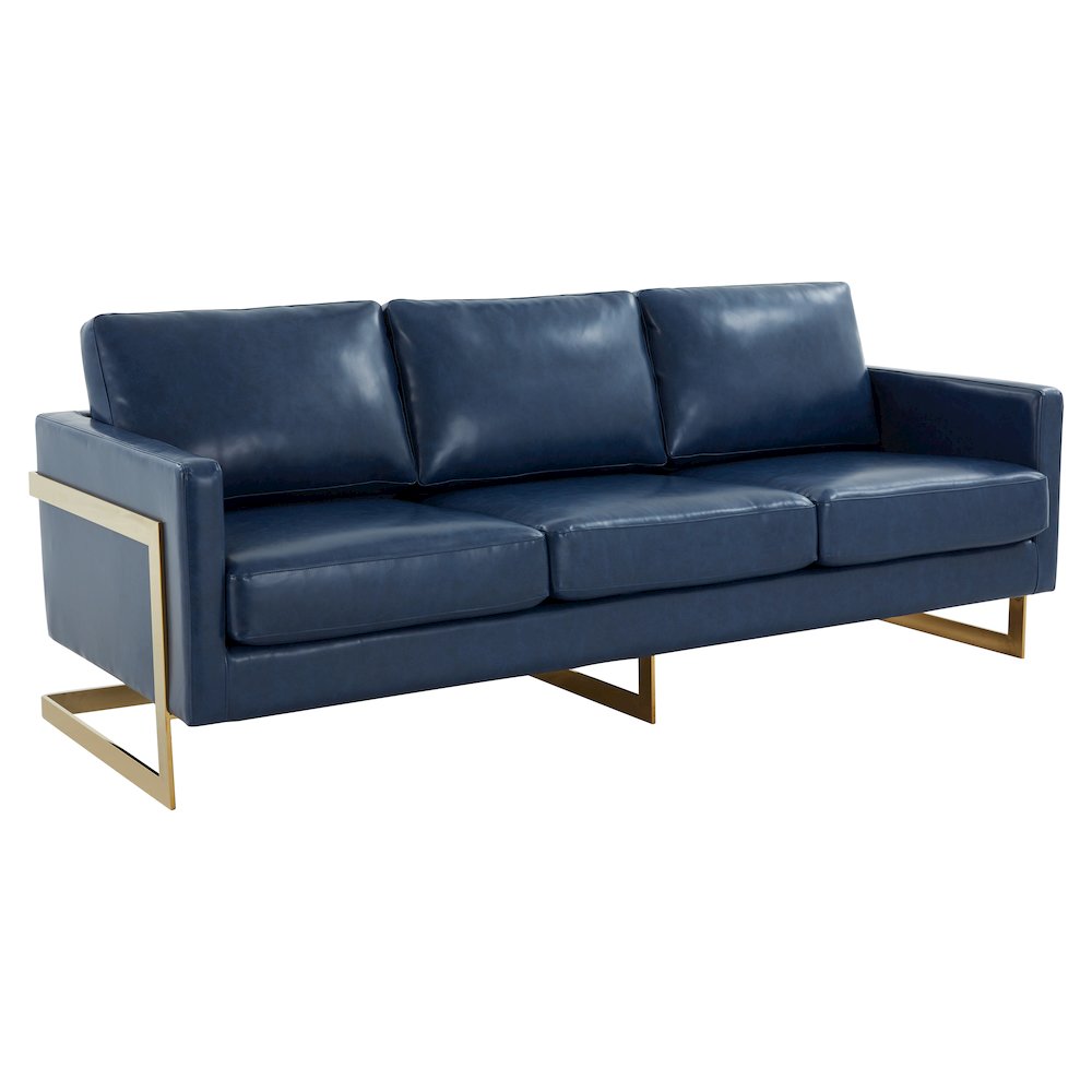 Lincoln Modern Mid-Century Upholstered Leather Sofa with Gold Frame. Picture 1