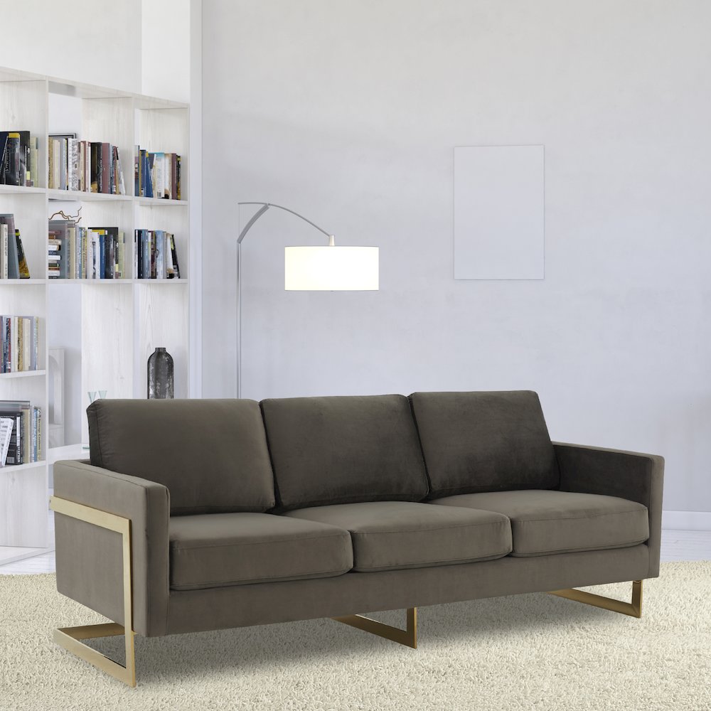 Lincoln Modern Mid-Century Upholstered Velvet Sofa with Gold Frame. Picture 3