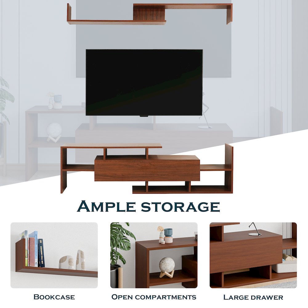 Surrey Modern TV Stand with MDF Shelves and Bookcase in Walnut. Picture 3