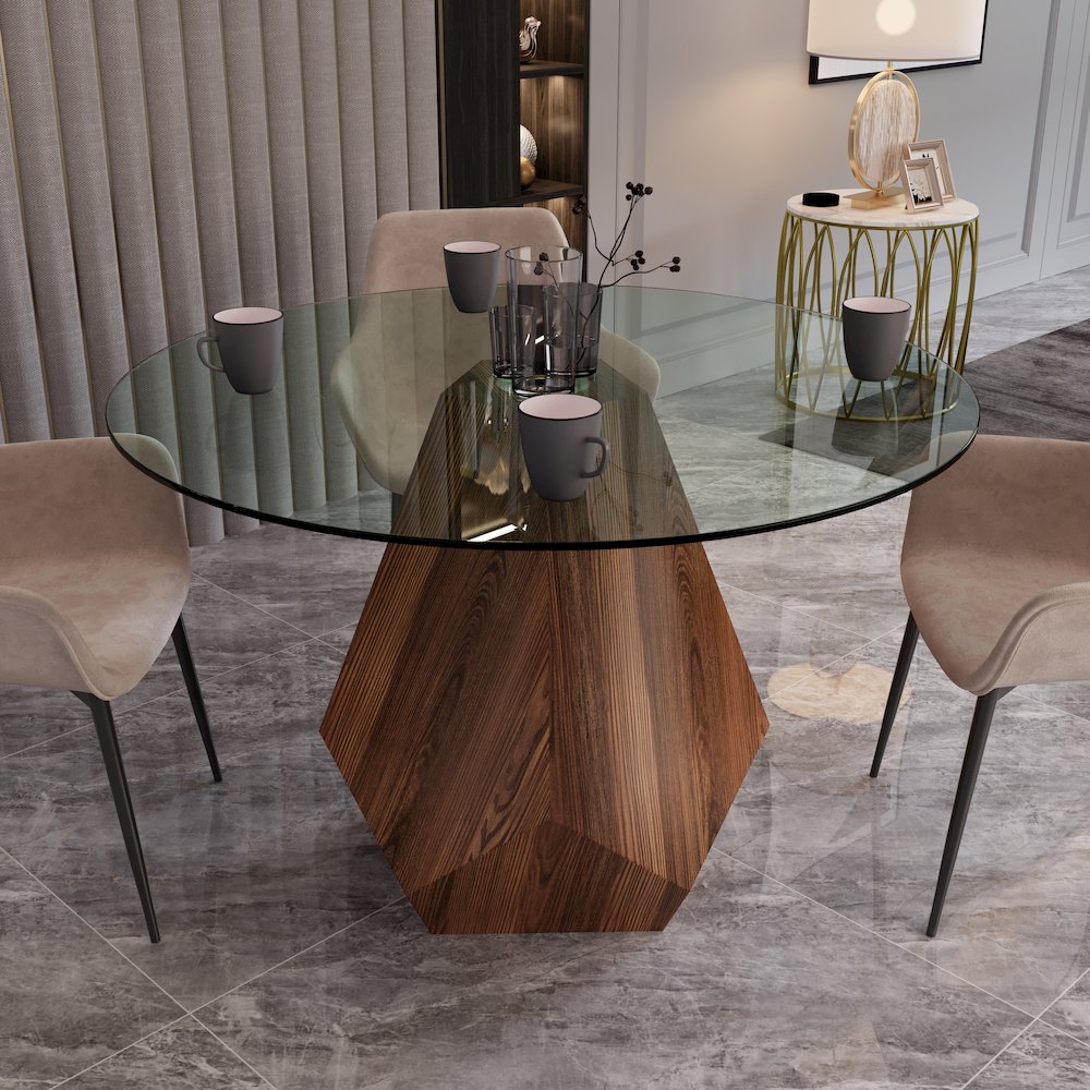 Nebo Modern Dining Table in Walnut Base with Clear Glass Top. Picture 7