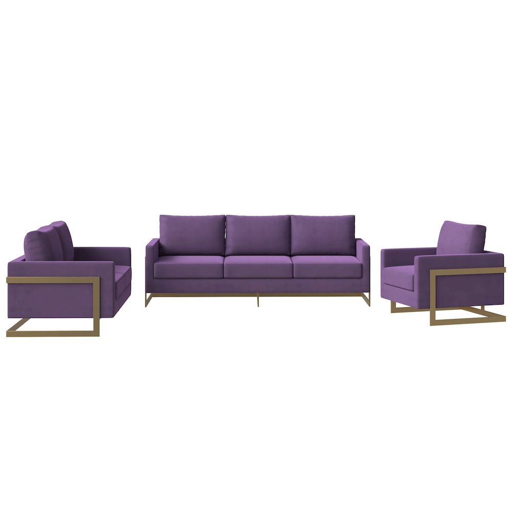 Lincoln 3-Piece Velvet Living Room Sofa Set With Gold Frame. Picture 2