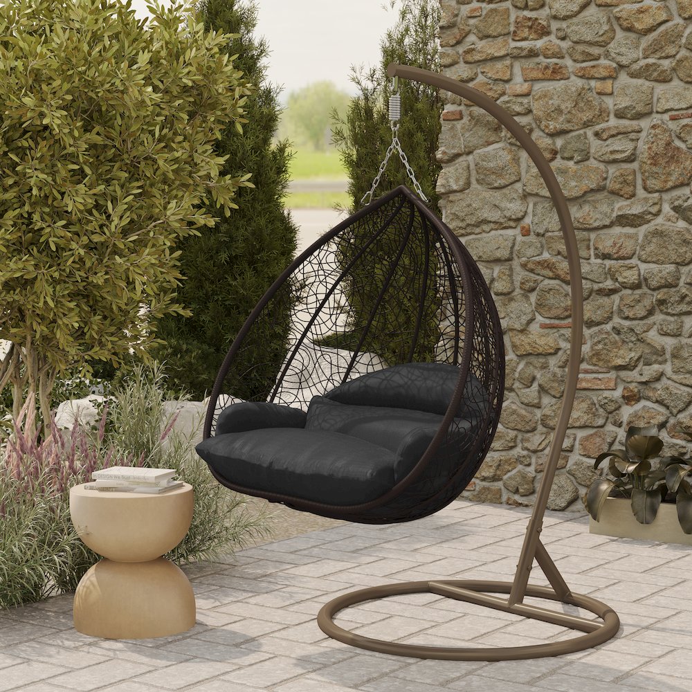 Recluse Collection Modern Outdoor Swing Chair Brown Frame with Black Cushion. Picture 9