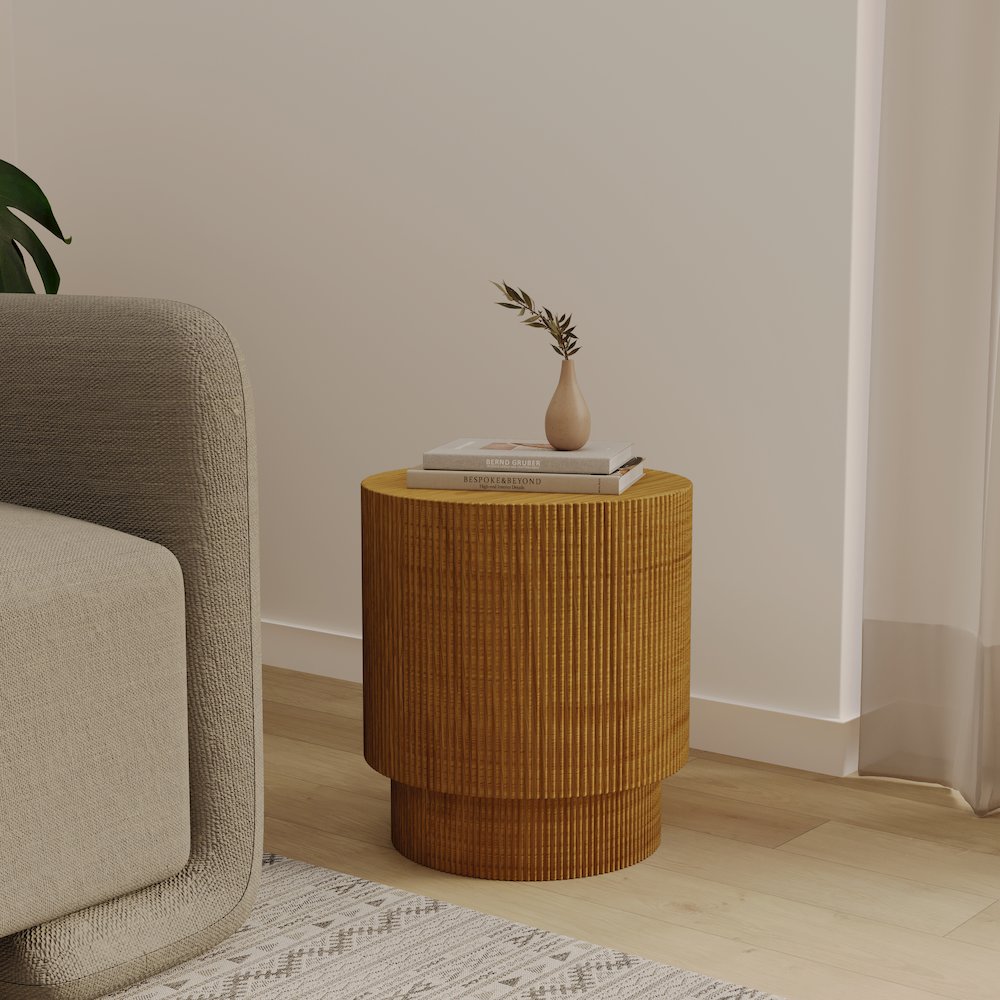 Eden Collection Fiberglass Outdoor Side Table in Wood Brown. Picture 4