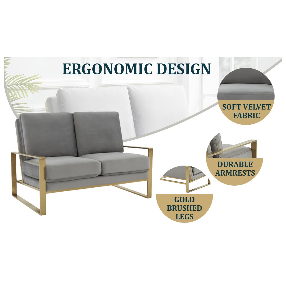 Jefferson Contemporary Modern Velvet Loveseat With Gold Frame. Picture 9
