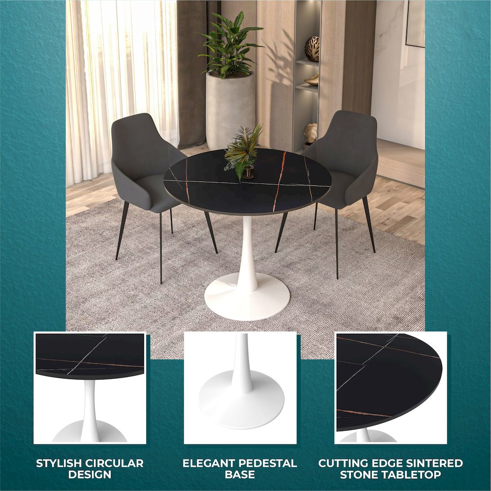 Bristol 35" round dining table White base with Black Sintered stone Top. Picture 13