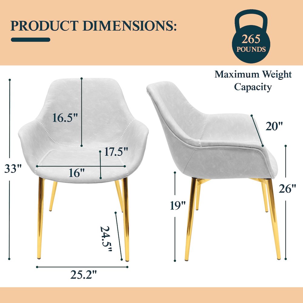Markley Modern Leather Dining Arm Chair With Gold Metal Legs Light Grey Set of 4. Picture 10
