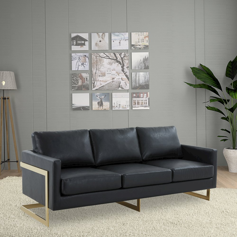 Lincoln Modern Mid-Century Upholstered Leather Sofa with Gold Frame. Picture 4