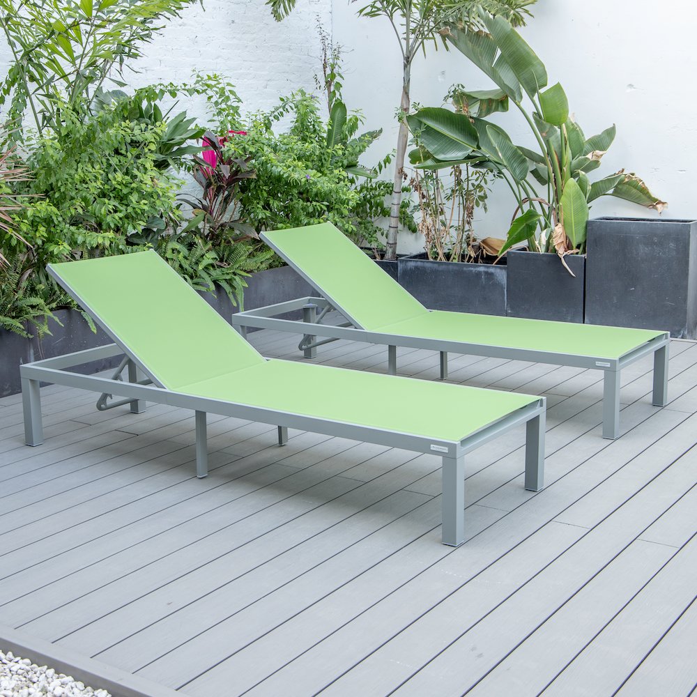Marlin Patio Chaise Lounge Chair With Grey Aluminum Frame, Set of 2 in Green. Picture 3