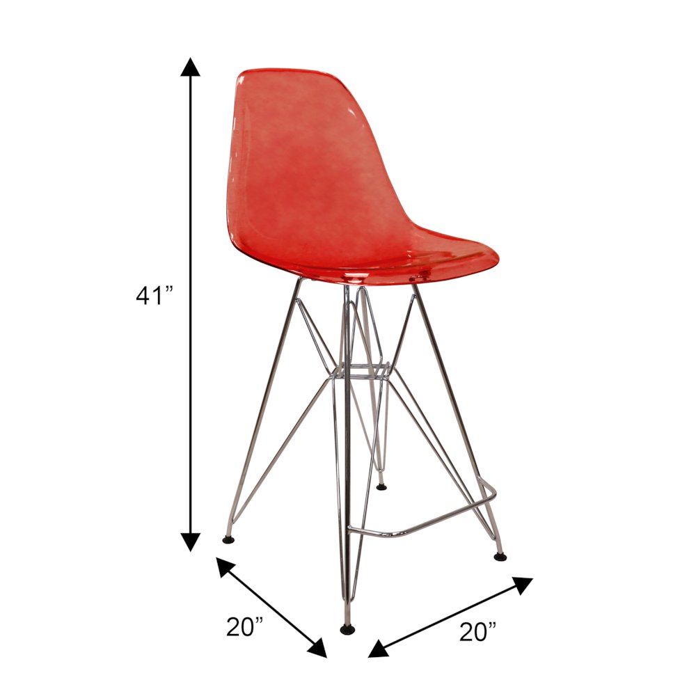 Cresco Modern Acrylic Barstool with Chrome Base and Footrest in Transparent Red. Picture 9