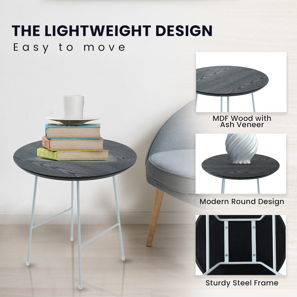 Rossmore Mid Century Modern Round Side Table With White Steel Frame. Picture 8