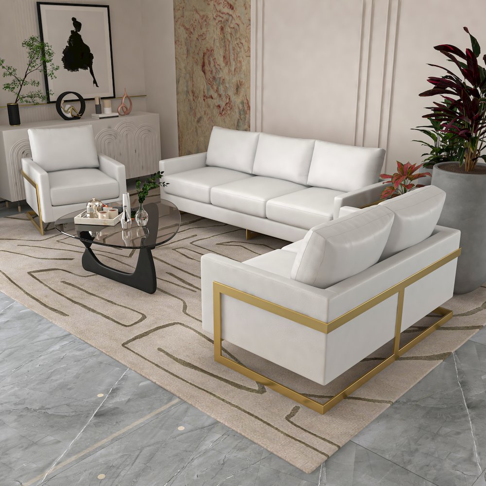 Lincoln 3-Piece Velvet Living Room Sofa Set With Gold Frame White. Picture 7