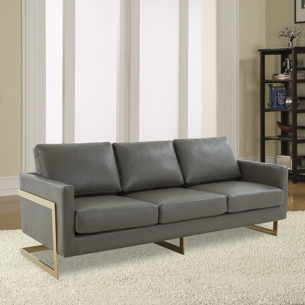 Lincoln Modern Mid-Century Upholstered Leather Sofa with Gold Frame. Picture 4